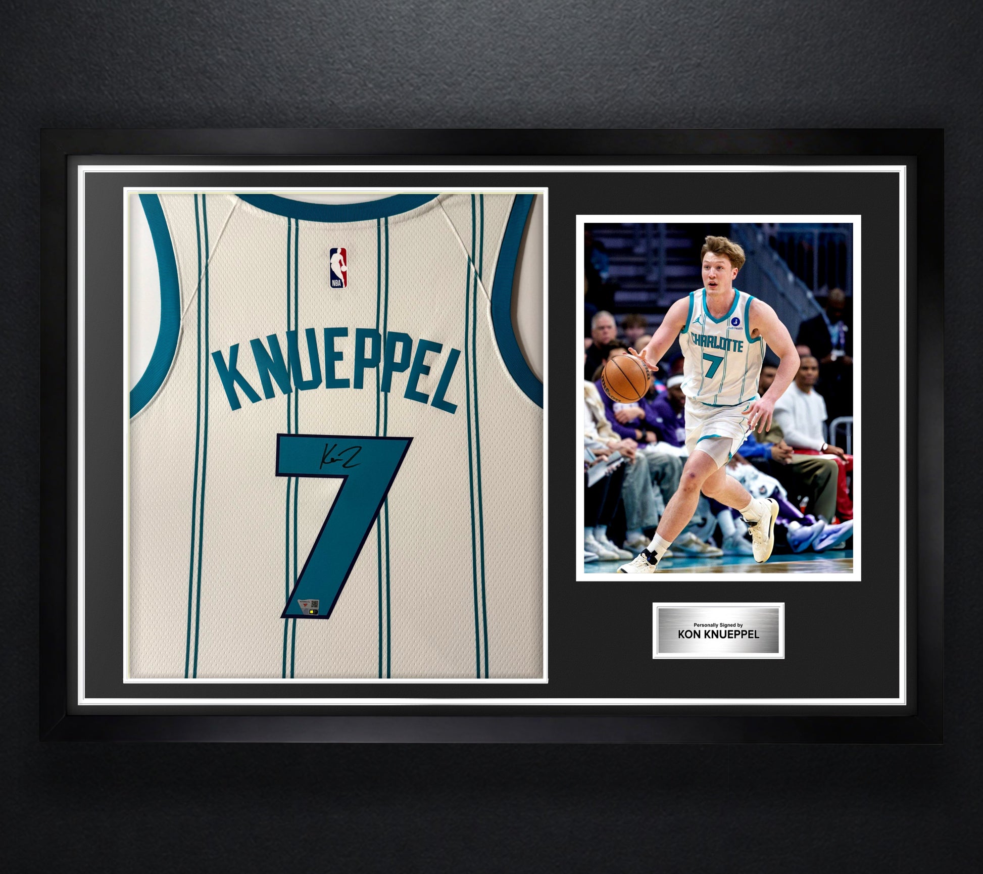 Kon Knueppel Signed Charlotte Hornets Nike Jersey Framed Fanatics COA - Photo of frame