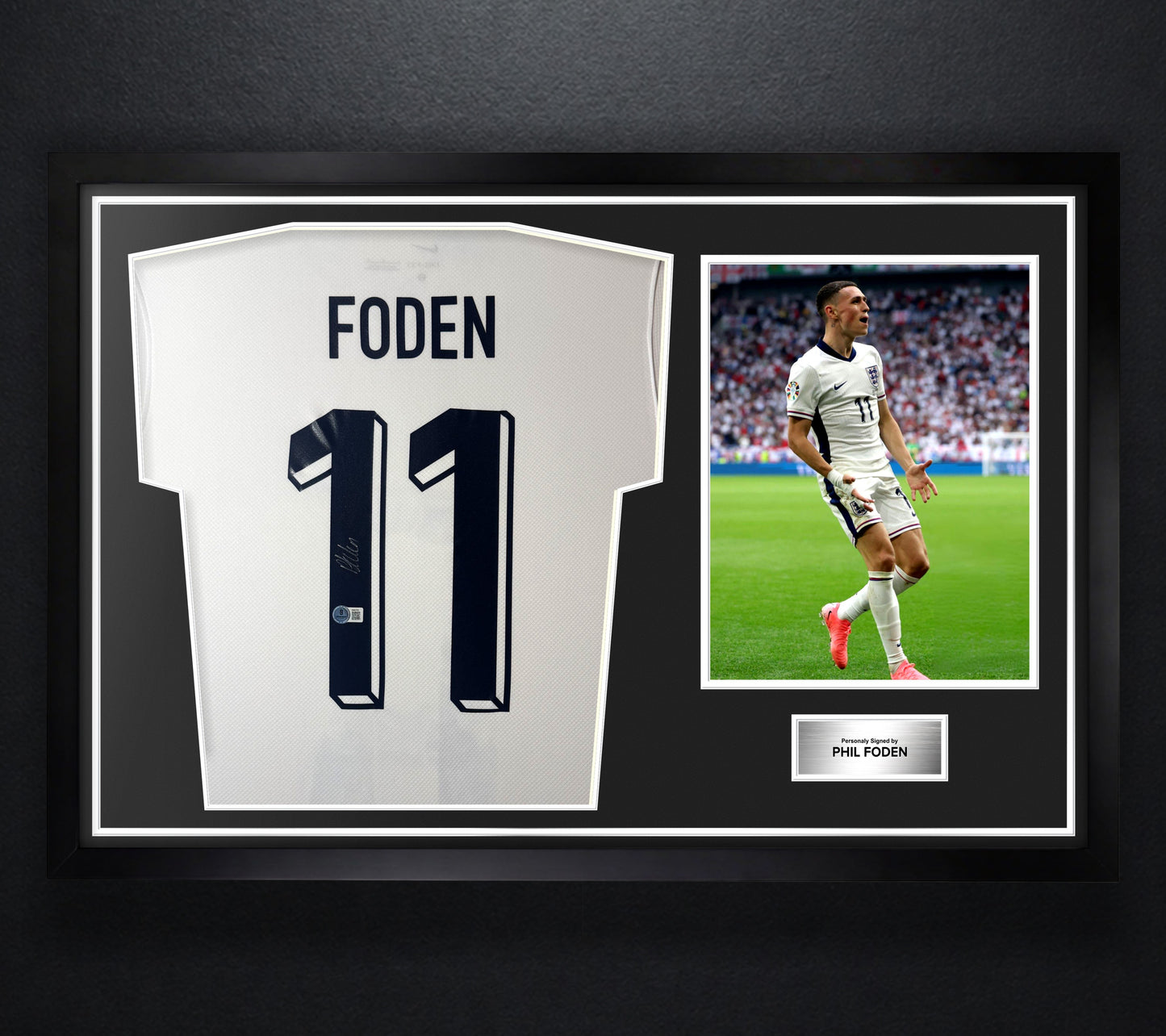 Phil Foden Signed England Jersey Framed Beckett COA - Photo of frame