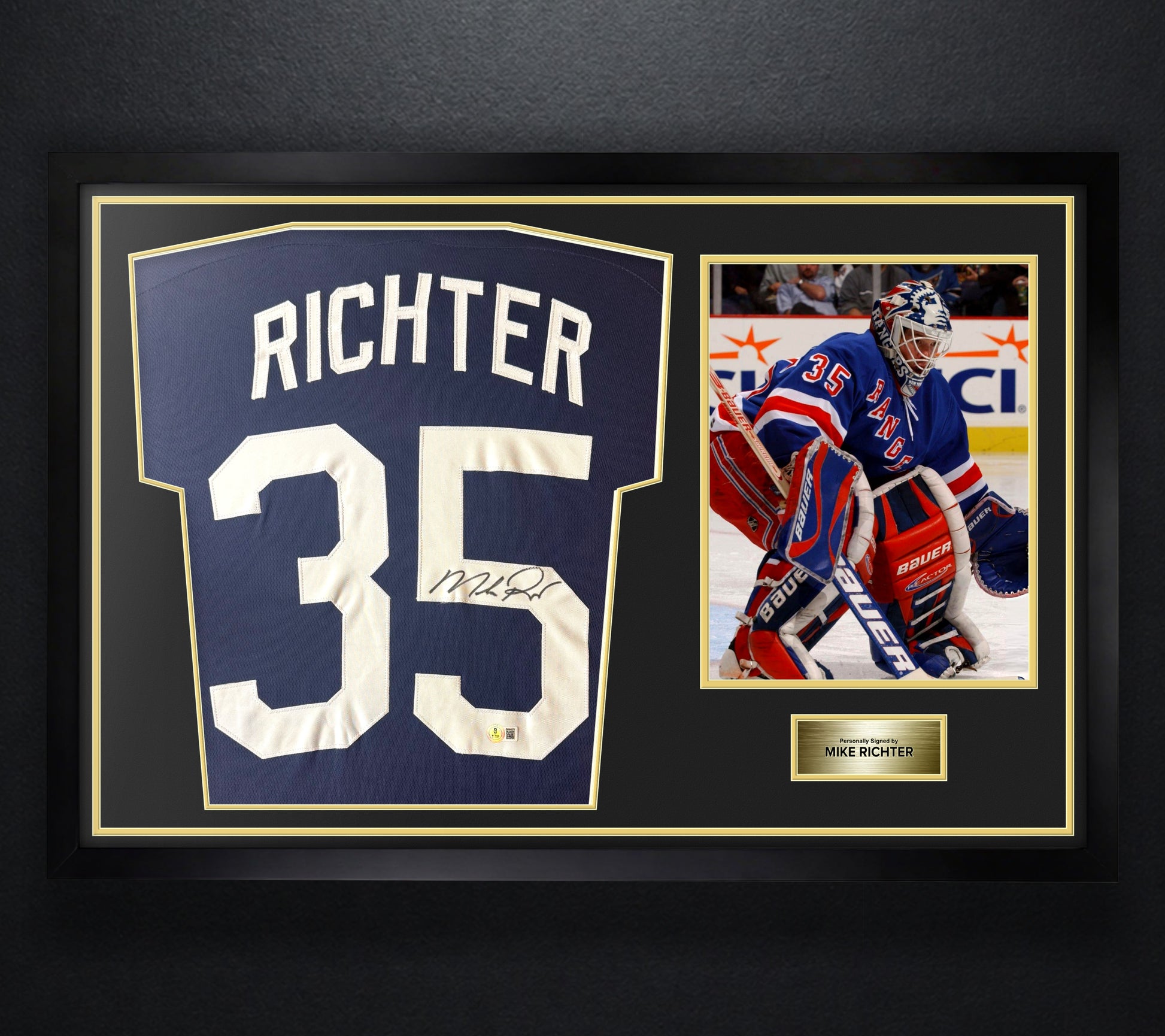 Mike Richter Signed New York Rangers Jersey Framed Beckett COA - Photo of frame