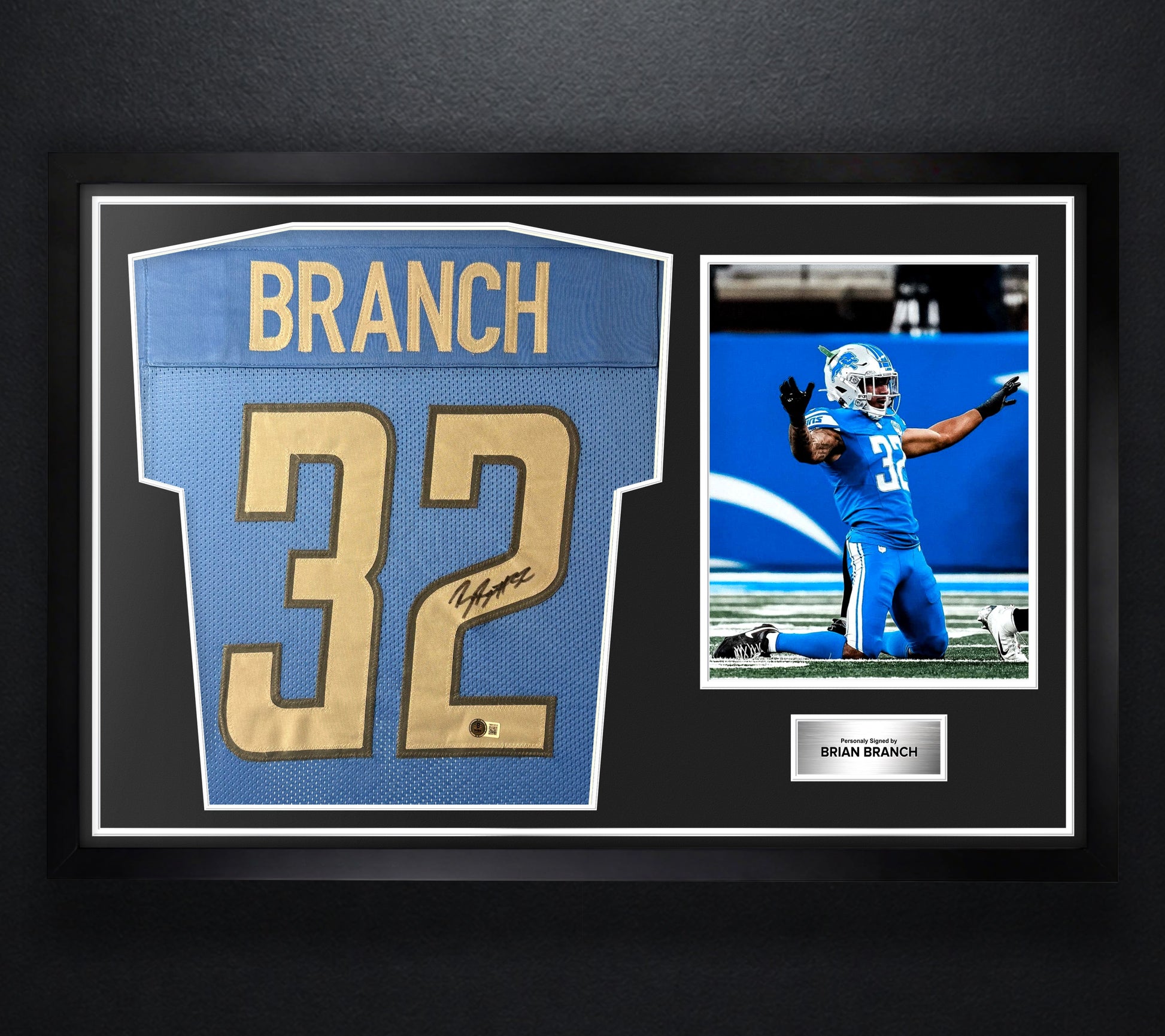 Brian Branch Signed Detroit Lions Jersey Framed Beckett COA - Photo of frame