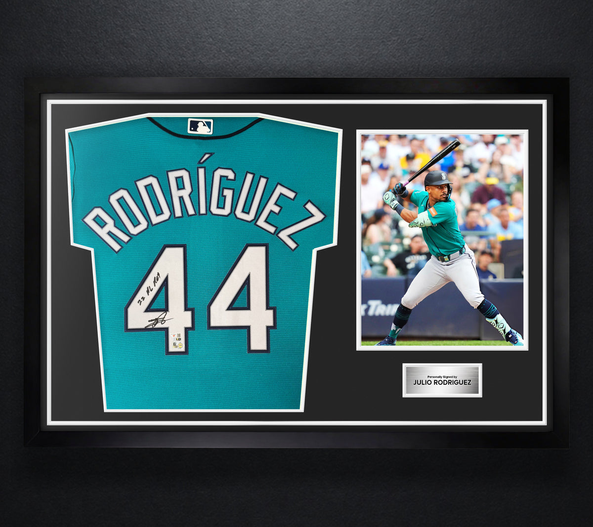 Julio Rodriguez Signed Seattle Mariners Nike Jersey Framed Fanatics & MLB COA INSCRIBED - Photo of frame