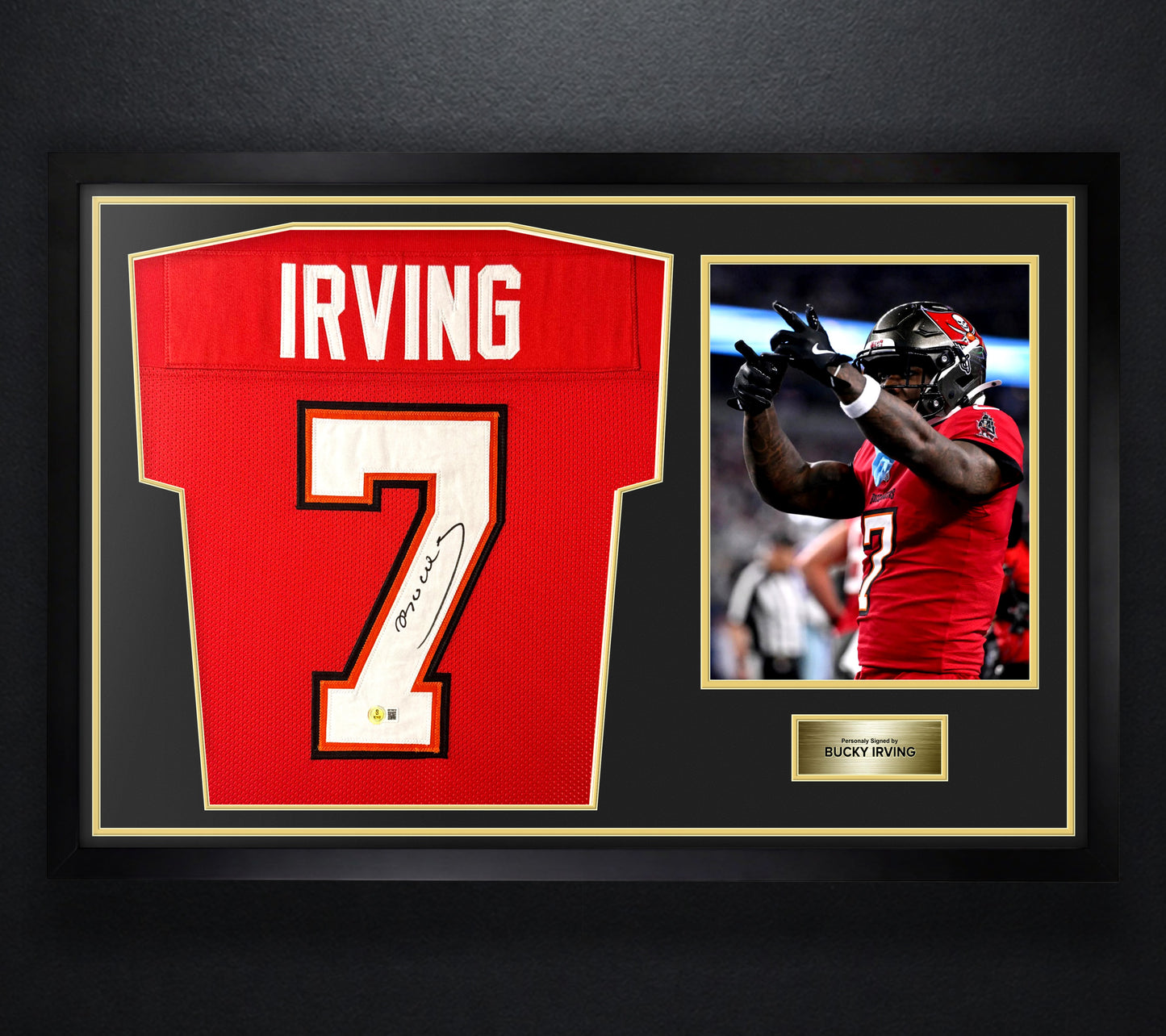 Bucky Irving Signed Tampa Bay Buccaneers Jersey Framed Beckett COA - Photo of frame