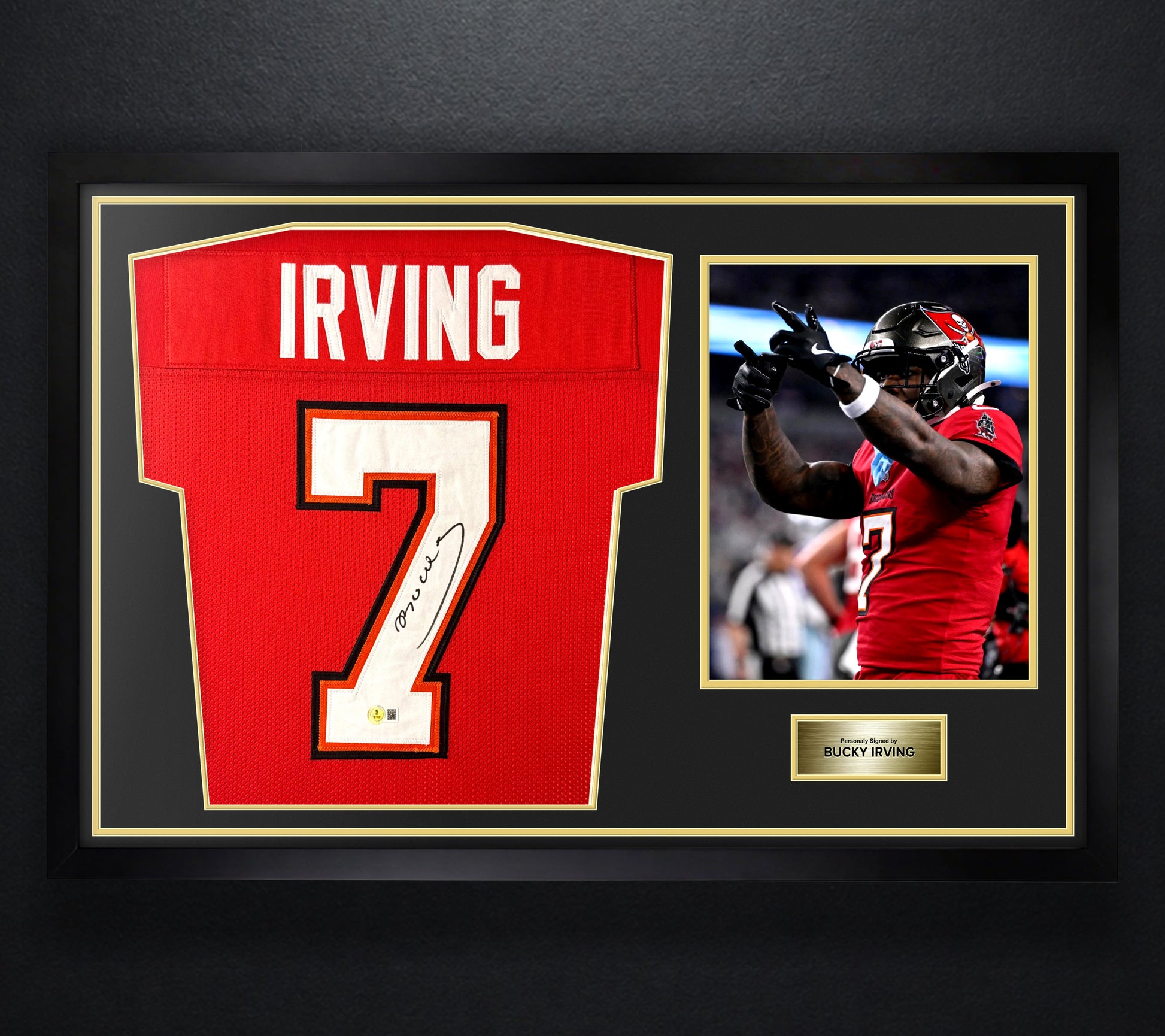Bucky Irving Signed Tampa Bay Buccaneers Jersey Framed Beckett COA - Photo of frame