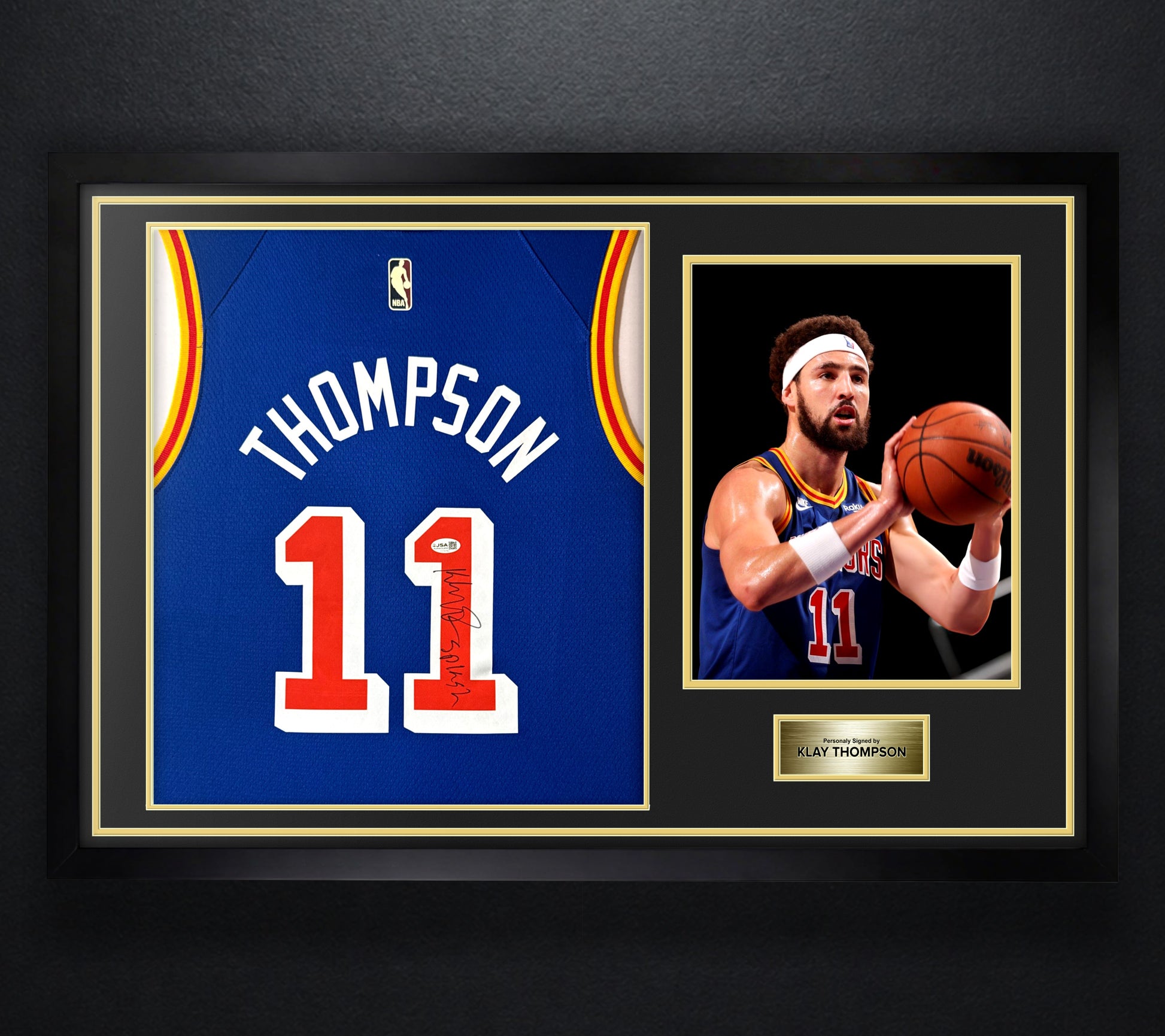 Klay Thompson Signed Golden State Warriors Nike Jersey Framed JSA COA INSCRIBED - Photo of frame