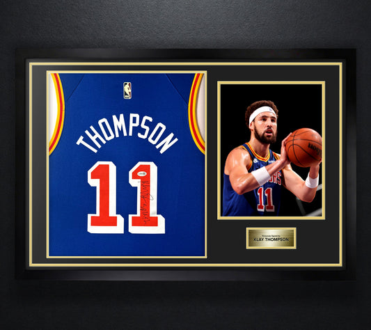 Klay Thompson Signed Golden State Warriors Nike Jersey Framed JSA COA INSCRIBED - Photo of frame