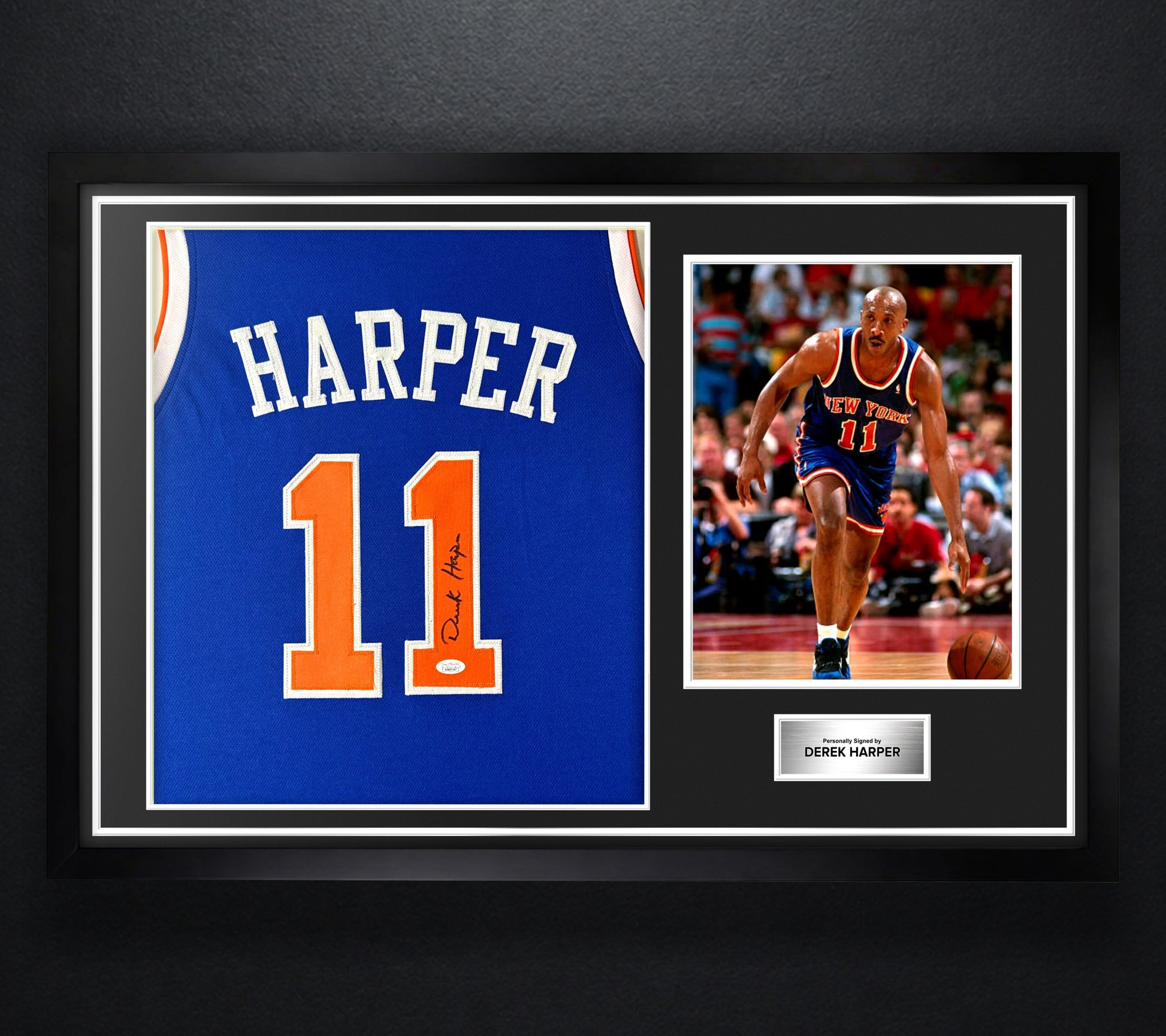 Derek Harper Signed New York Knicks Jersey Framed JSA COA - Photo of frame