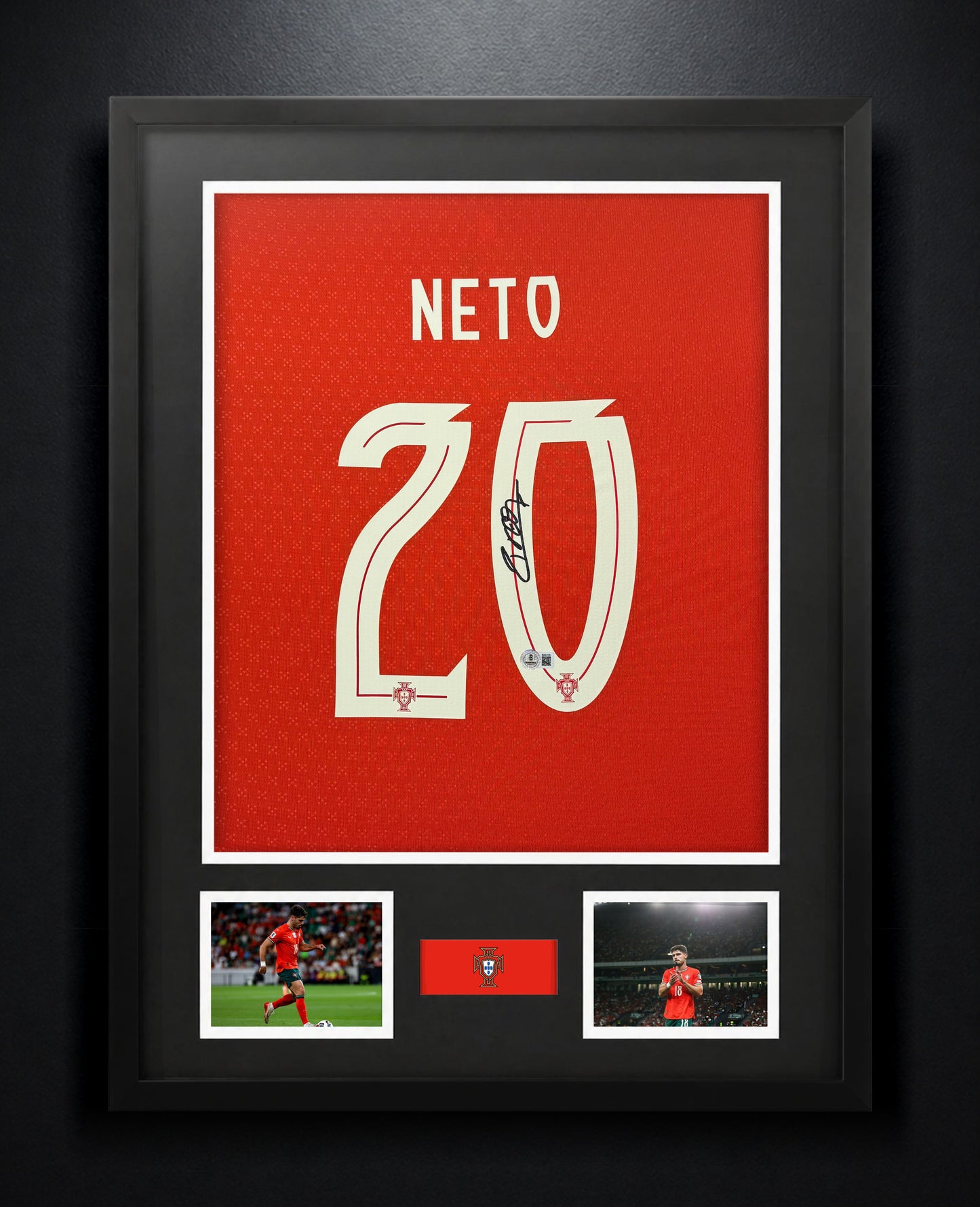 Pedro Neto Signed Portugal Puma Jersey Framed Beckett COA - Photo of frame