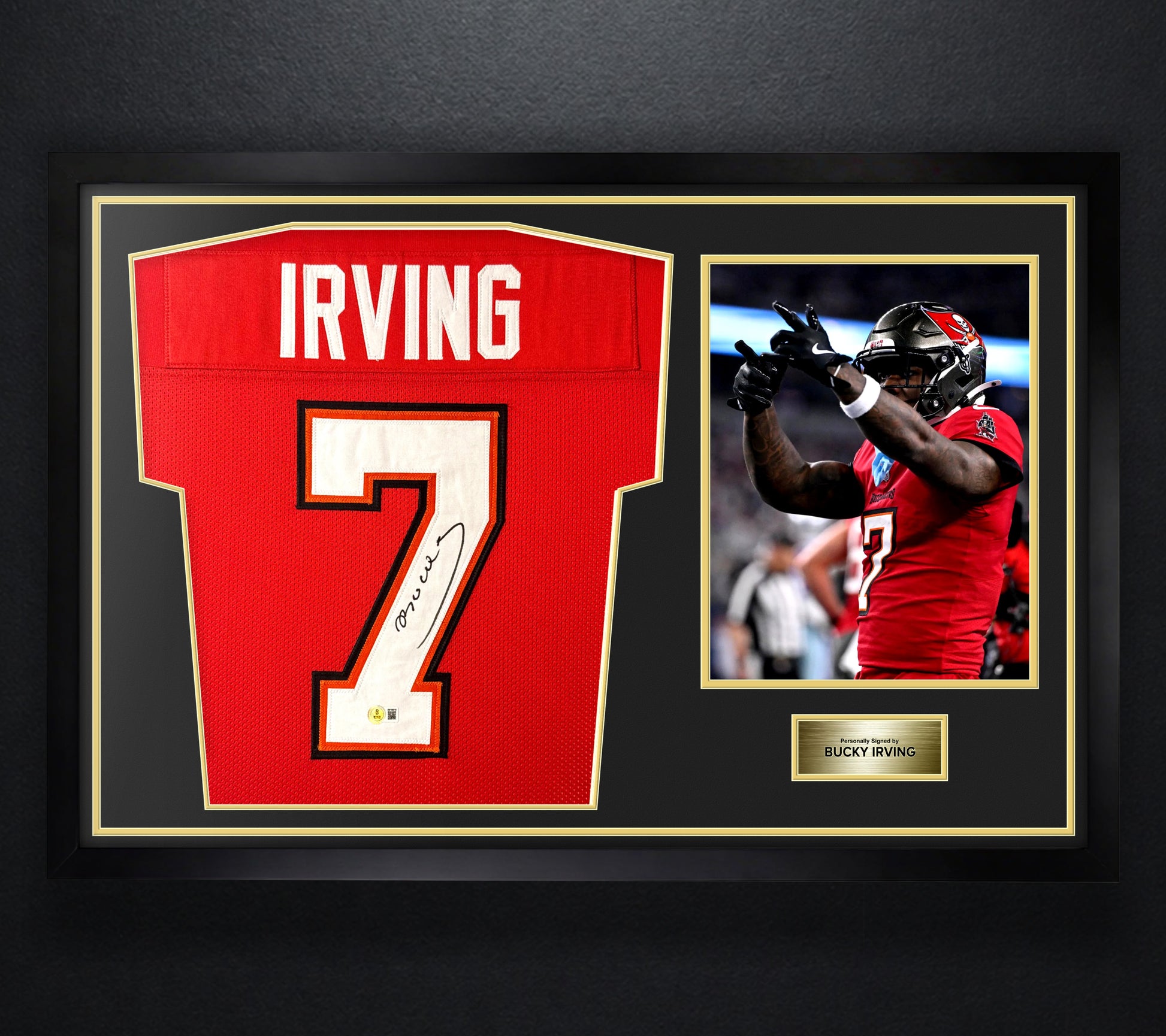 Bucky Irving Signed Tampa Bay Buccaneers Jersey Framed Beckett COA - Photo of frame