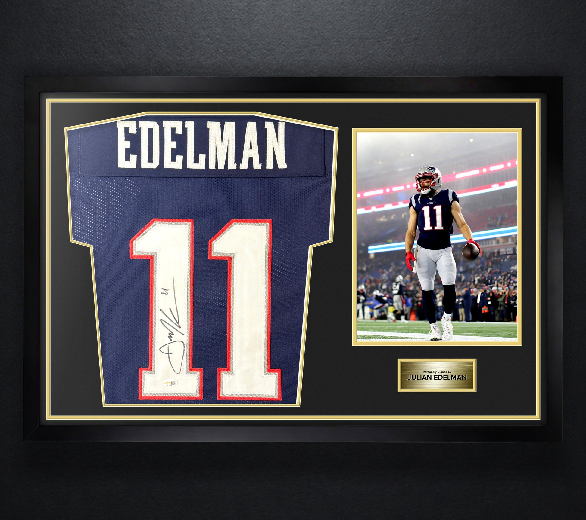 Julian Edelman Signed New England Patriots Jersey Framed JSA COA - Photo of frame