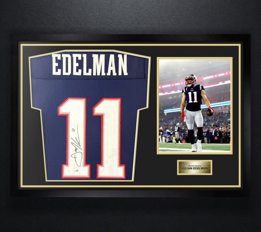 Julian Edelman Signed New England Patriots Jersey Framed JSA COA - Photo of frame