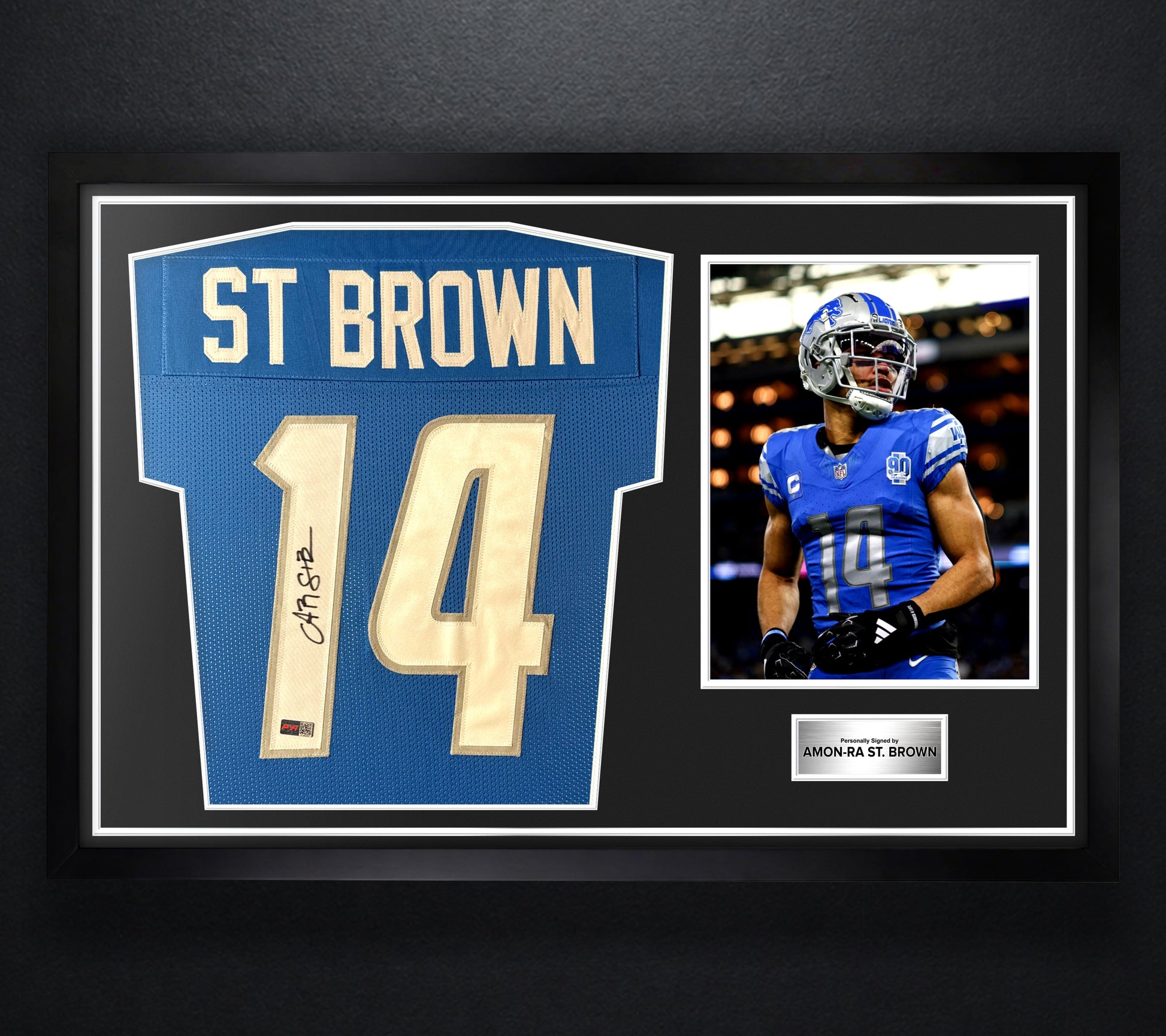 Amon-Ra St. Brown Signed Detroit Lions Jersey Framed PIA COA - Photo of frame