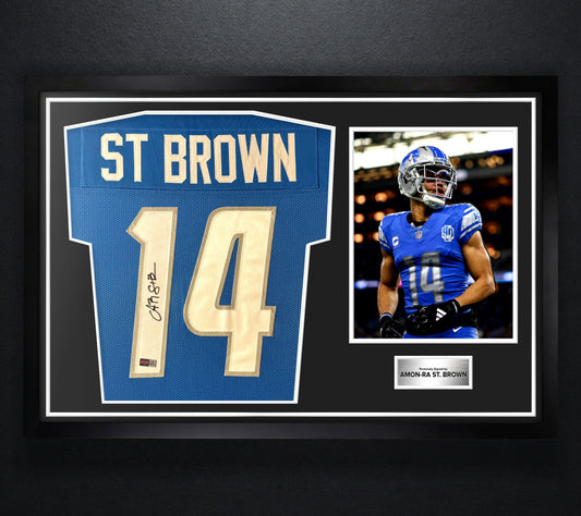 Amon-Ra St. Brown Signed Detroit Lions Jersey Framed PIA COA - Photo of frame