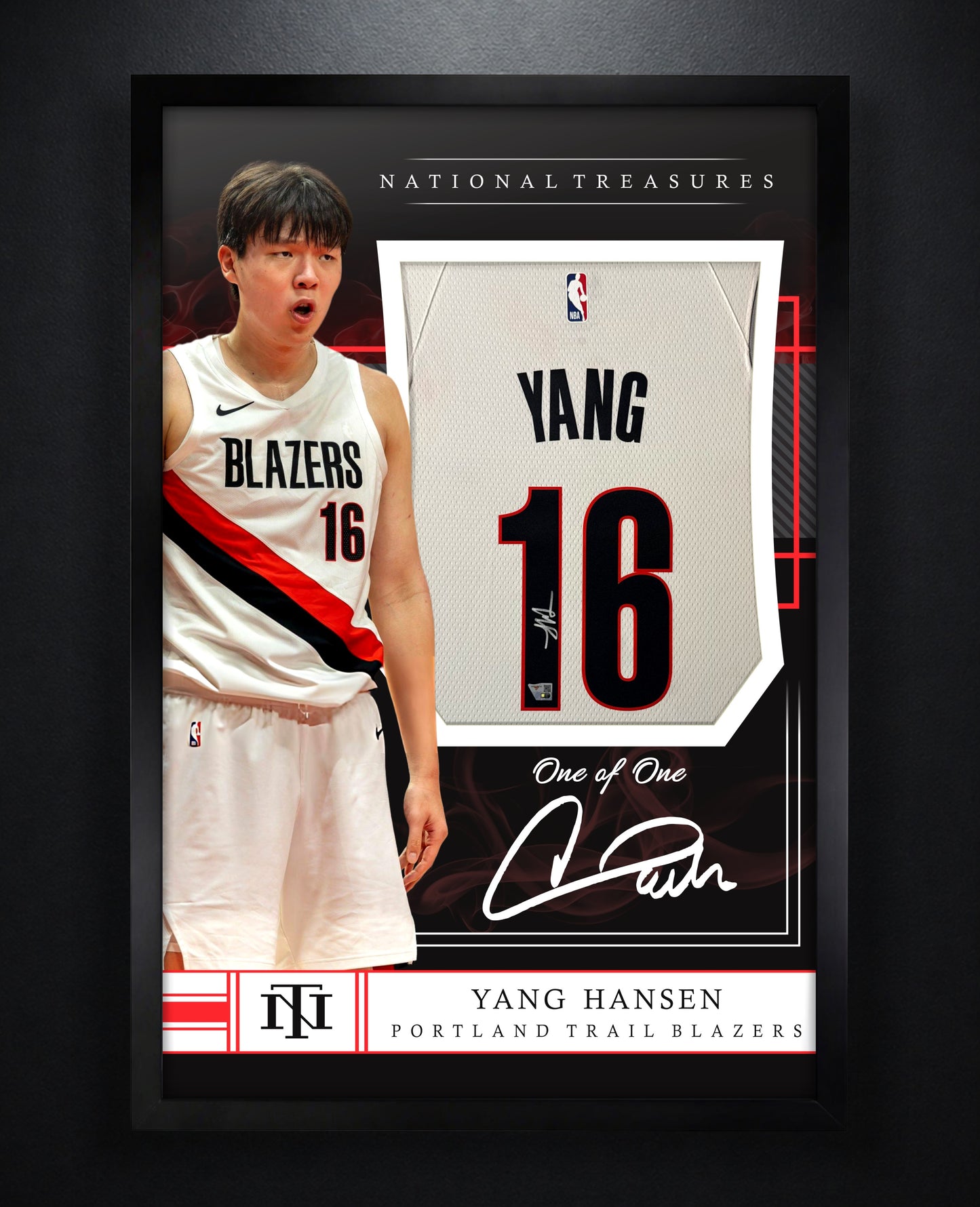 Yang Hansen Signed Portland Trail Blazers Mitchell & Ness Jersey Framed Fanatics COA - Photo of frame