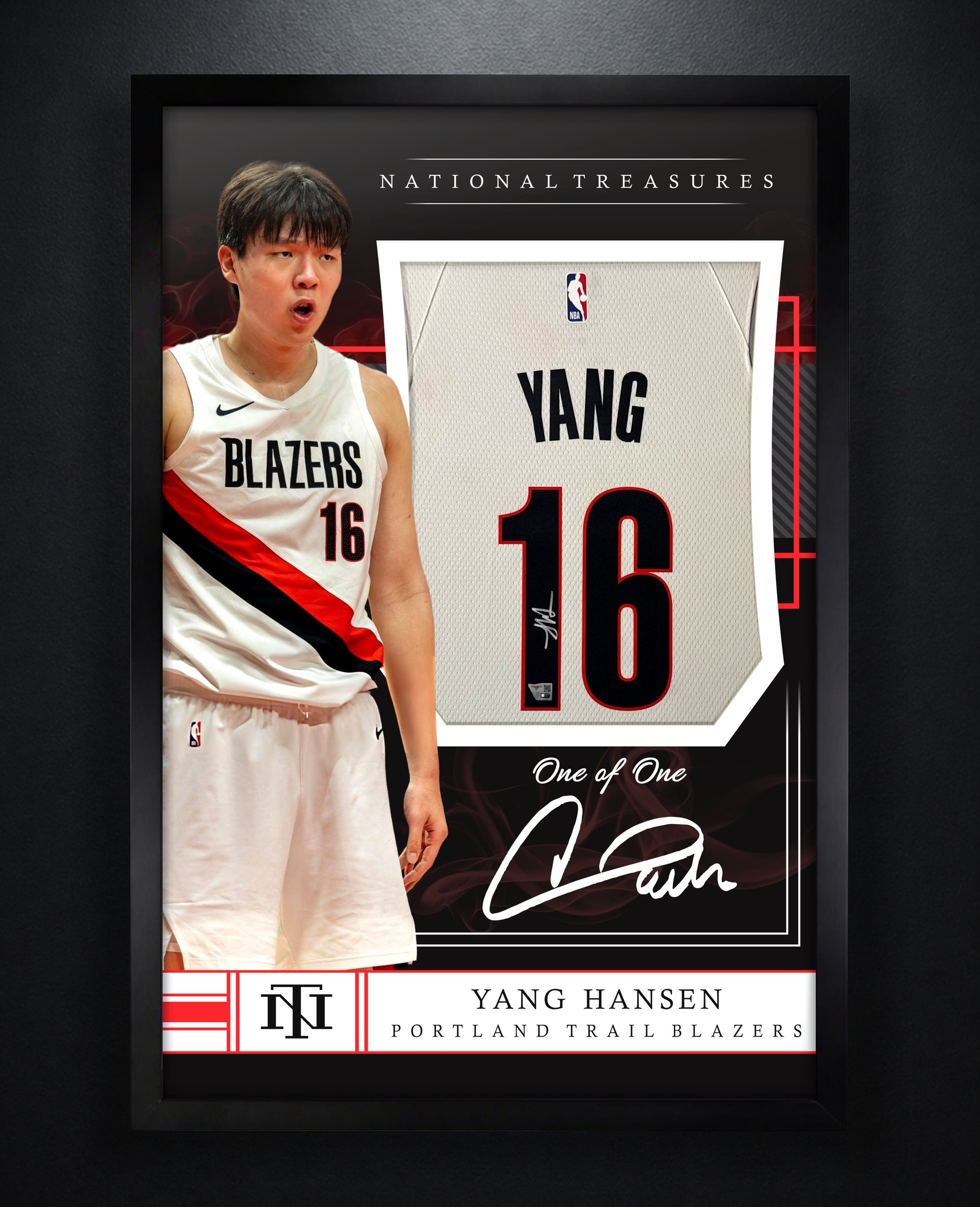 Yang Hansen Signed Portland Trail Blazers Mitchell & Ness Jersey Framed Fanatics COA - Photo of frame
