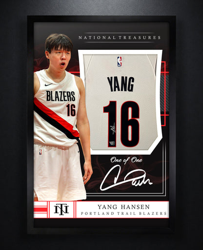 Yang Hansen Signed Portland Trail Blazers Mitchell & Ness Jersey Framed Fanatics COA - Photo of frame