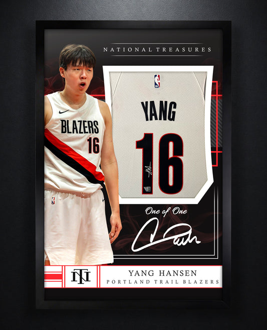 Yang Hansen Signed Portland Trail Blazers Mitchell & Ness Jersey Framed Fanatics COA - Photo of frame