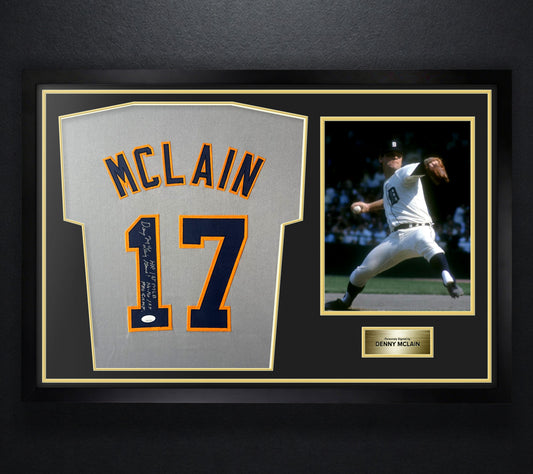 Denny McLain Signed Detriot Tigers Jersey Framed JSA COA INSCRIBED - Photo of frame