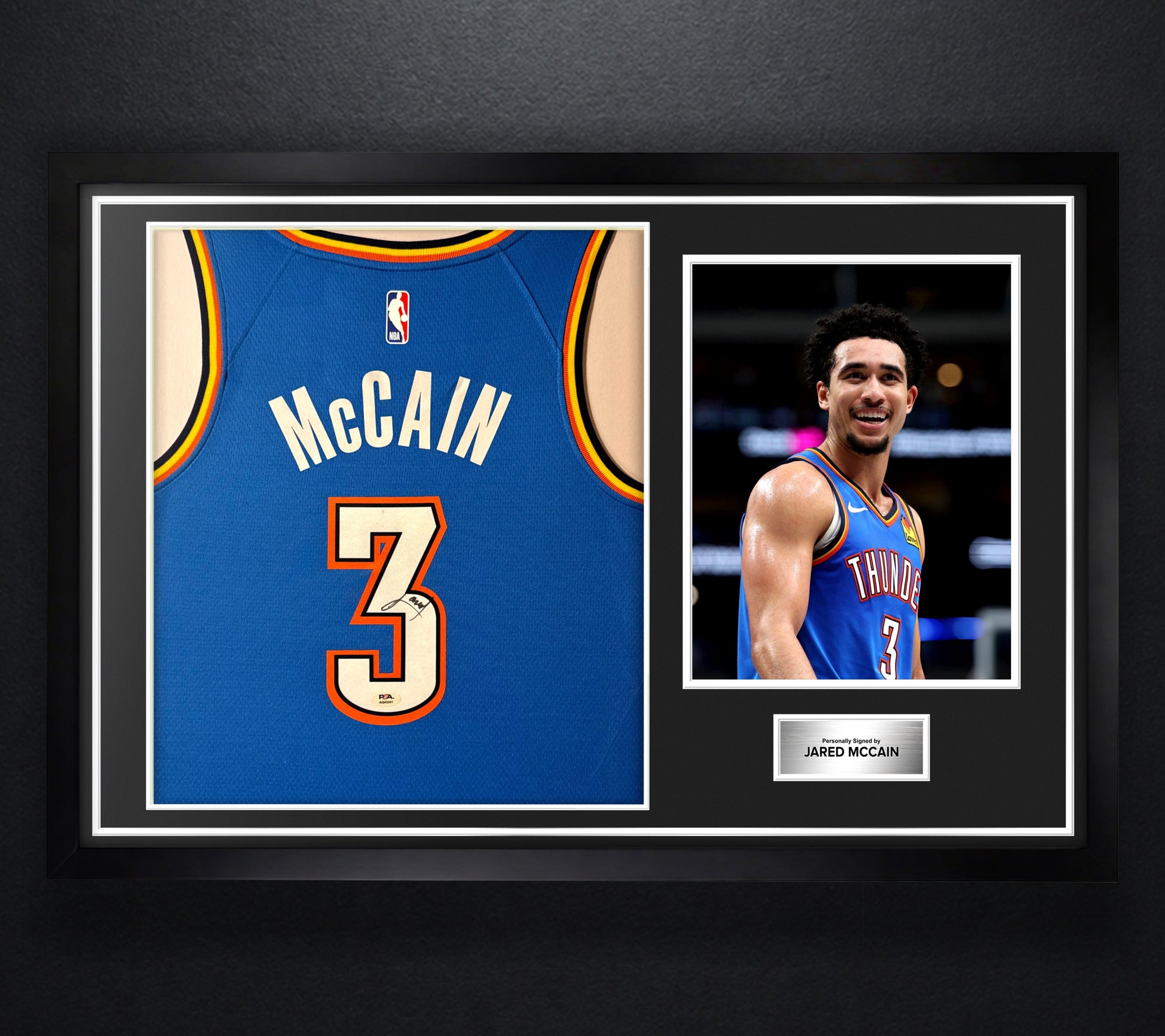 Jared McCain Signed Oklahoma City Thunder Nike Jersey Framed PSA COA - Photo of frame