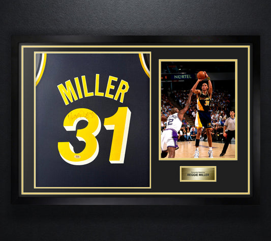 Reggie Miller Signed Indiana Pacers Jersey Framed PSA COA - Photo of frame
