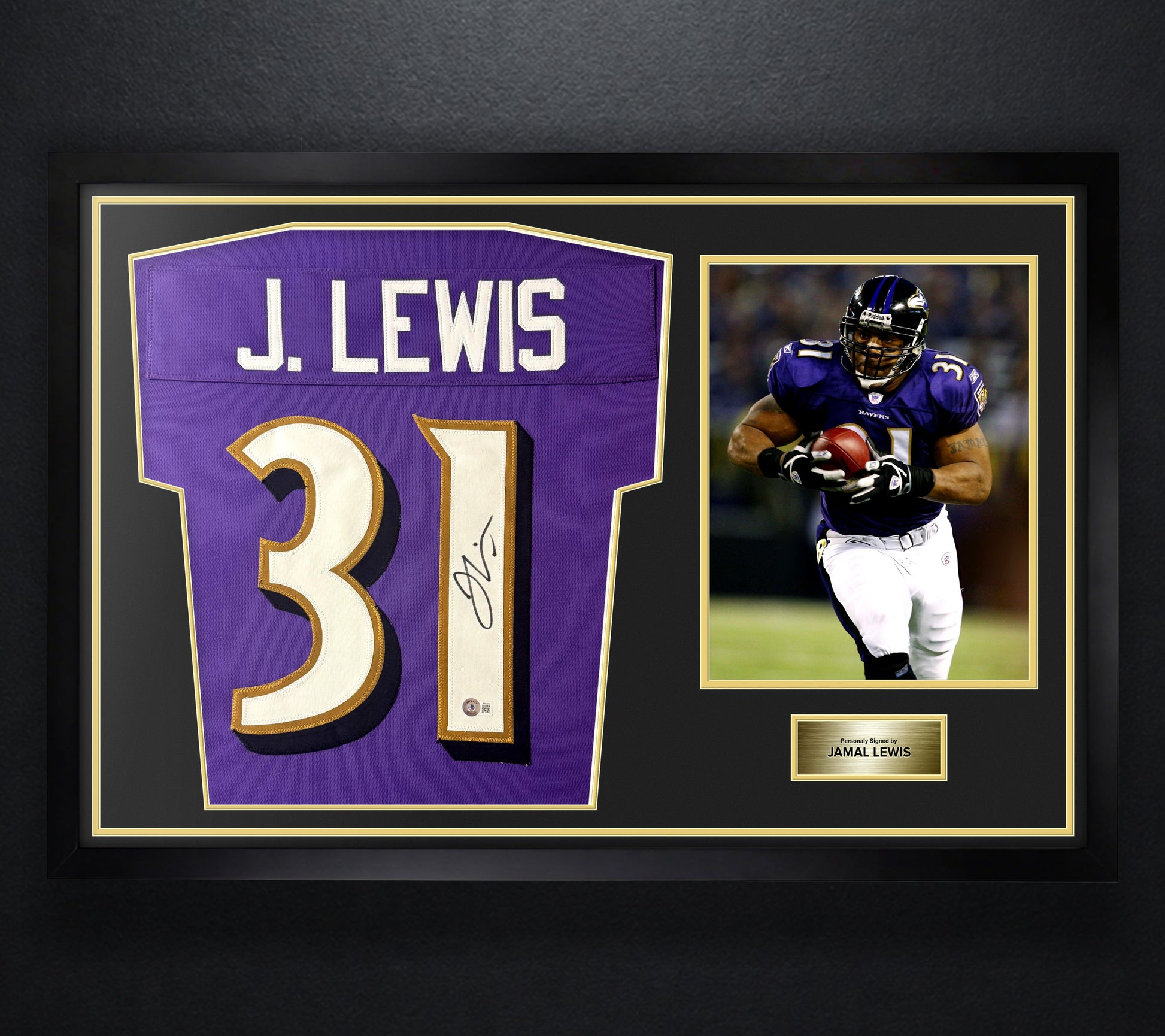 Jamal Lewis Signed Baltimore Ravens Jersey Framed Beckett COA - Photo of frame