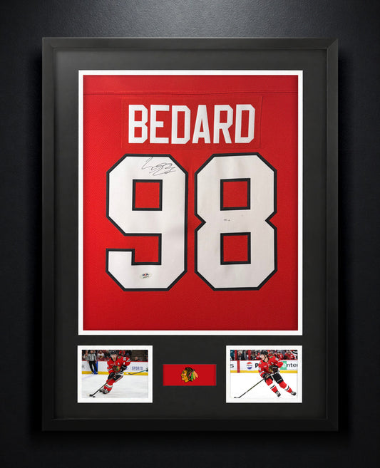 Connor Bedard Signed Chicago Blackhawks Fanatics Jersey Framed PSA COA - Photo of frame