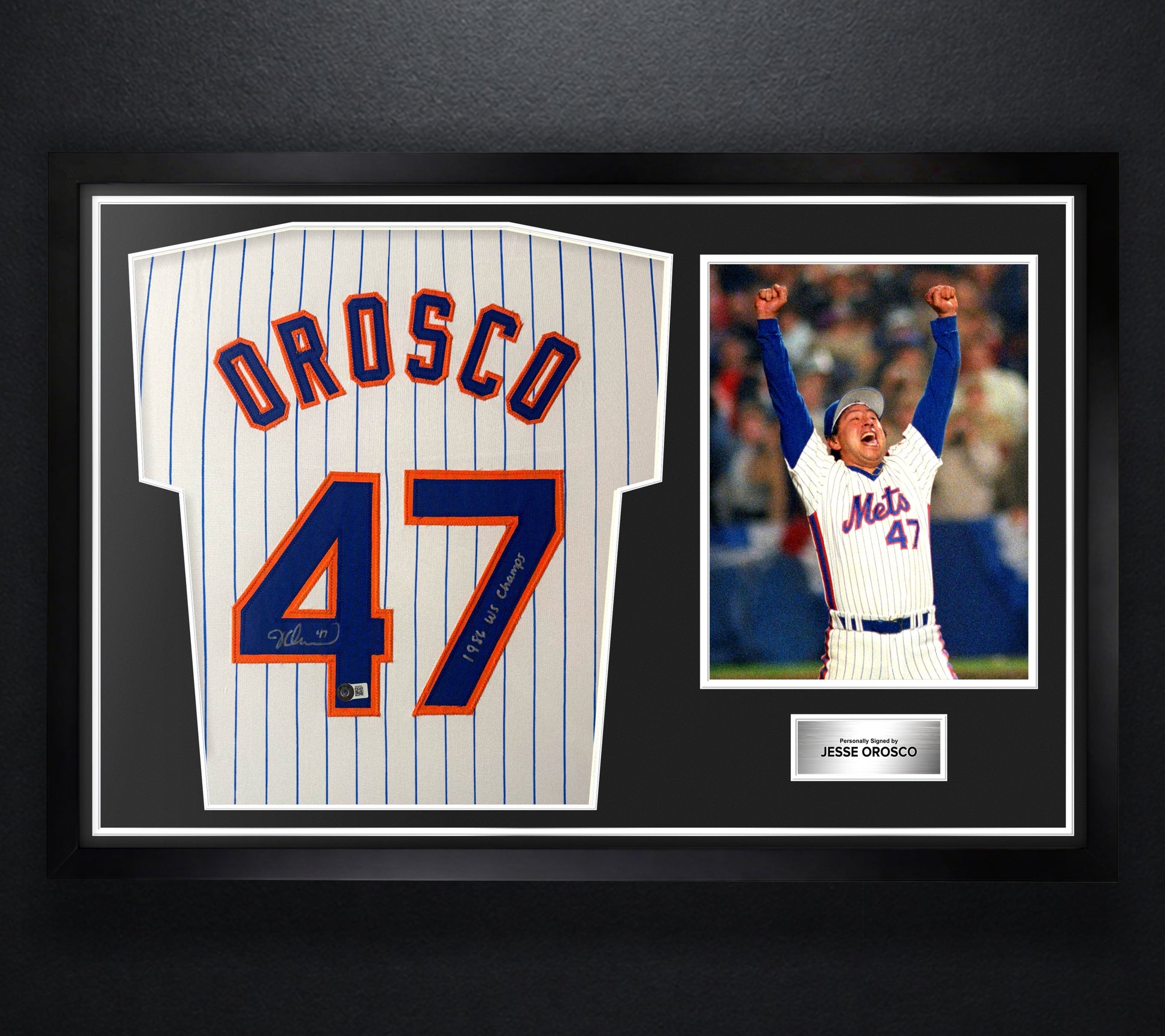 Jesse Orosco Signed New York Mets Jersey Framed Beckett COA INSCRIBED - Photo of frame