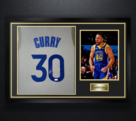 Stephen Curry Signed Golden State Warriors Nike Jersey Framed JSA COA - Photo of frame
