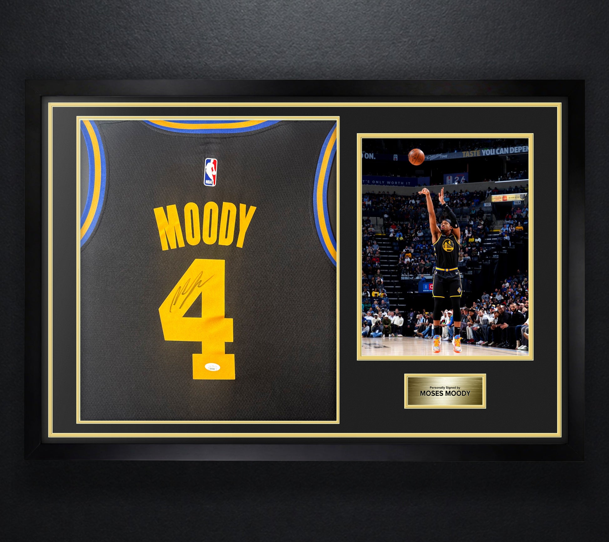 Moses Moody Signed Golden State Warriors Nike Jersey Framed JSA COA - Photo of frame