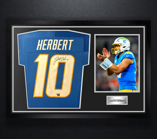 Justin Herbert Signed Los Angeles Chargers Nike Jersey Framed Fanatics COA - Photo of frame
