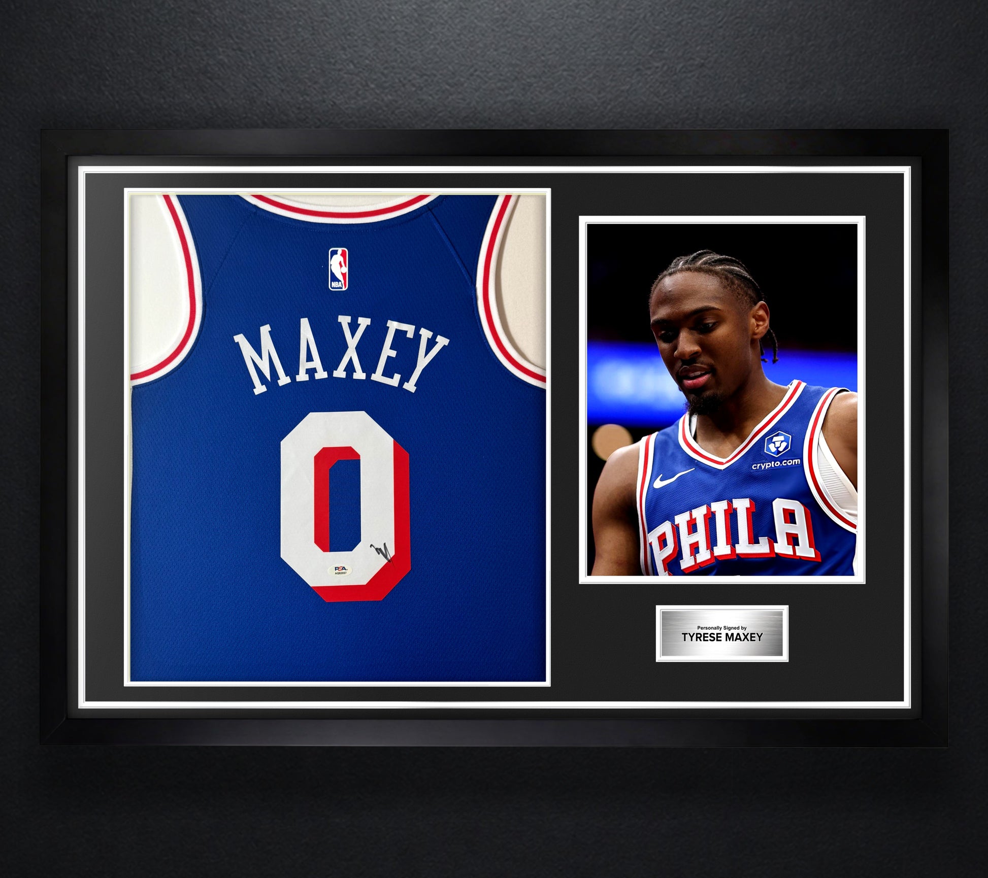 Tyrese Maxey Signed Philadelphia 76ers Nike Jersey Framed PSA COA - Photo of frame