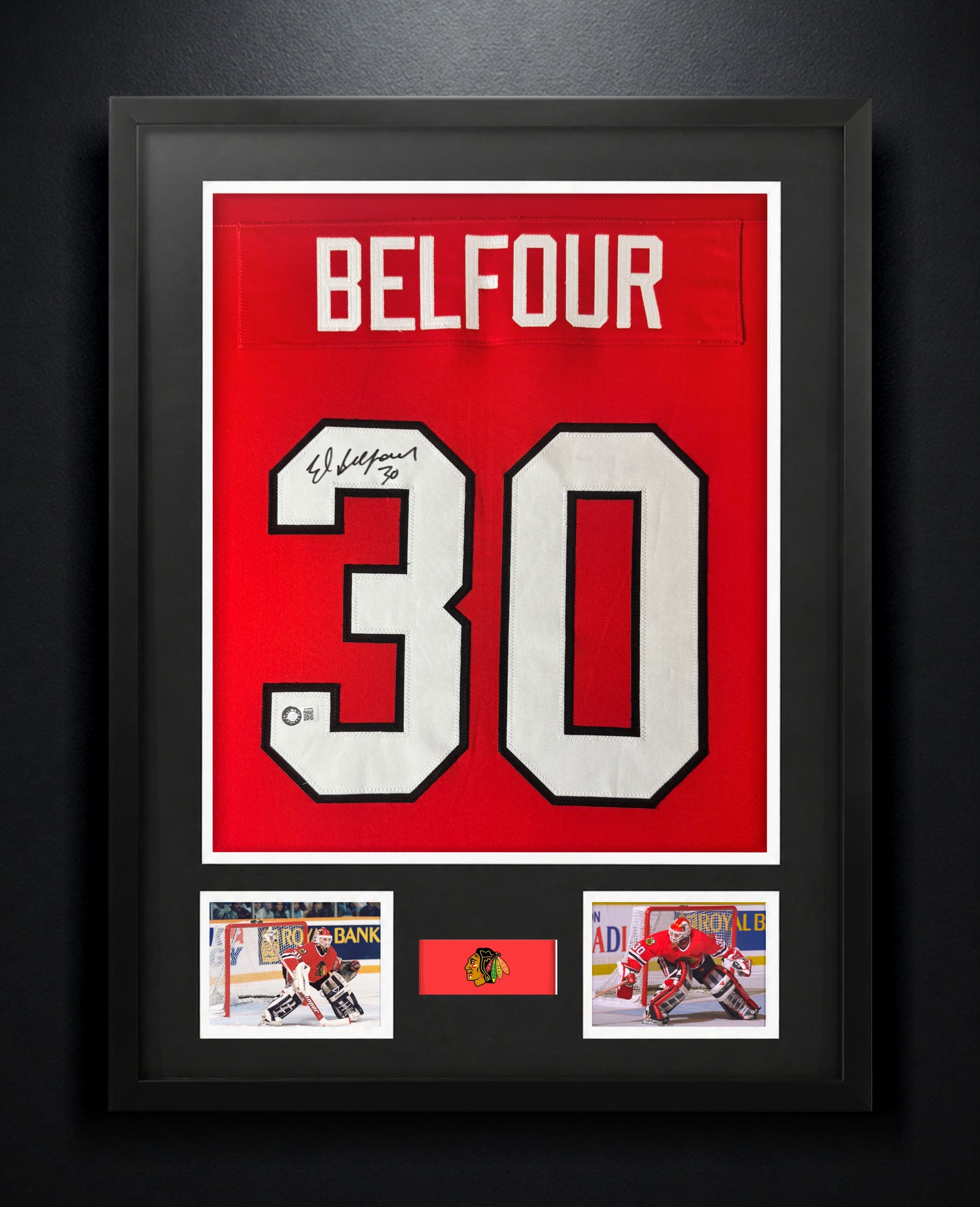 Ed Belfour Signed Chicago Blackhawks Jersey Framed Schwartz COA - Photo of frame
