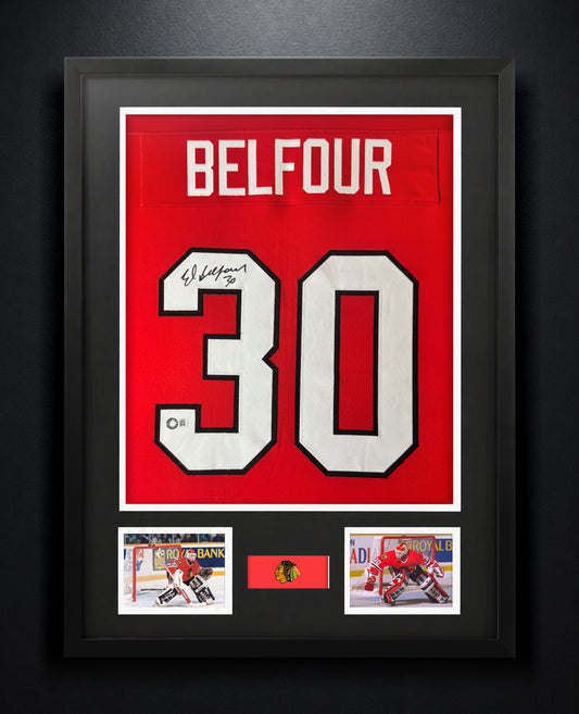 Ed Belfour Signed Chicago Blackhawks Jersey Framed Schwartz COA - Photo of frame