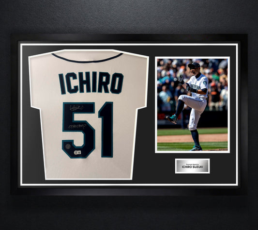Ichiro Suzuki Signed Seattle Mariners Majestic Jersey Framed Beckett & Suzuki Holograms COA INSCRIBED - Photo of frame