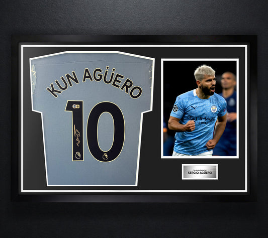 Sergio Aguero Signed Manchester City Puma Jersey Framed Beckett COA - Photo of frame