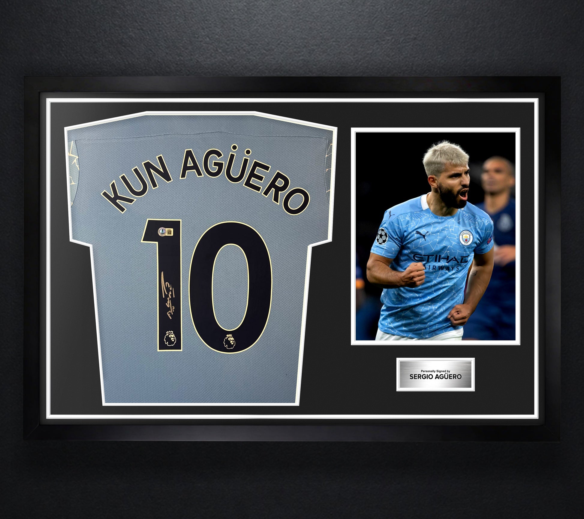 Sergio Aguero Signed Manchester City Puma Jersey Framed Beckett COA - Photo of frame
