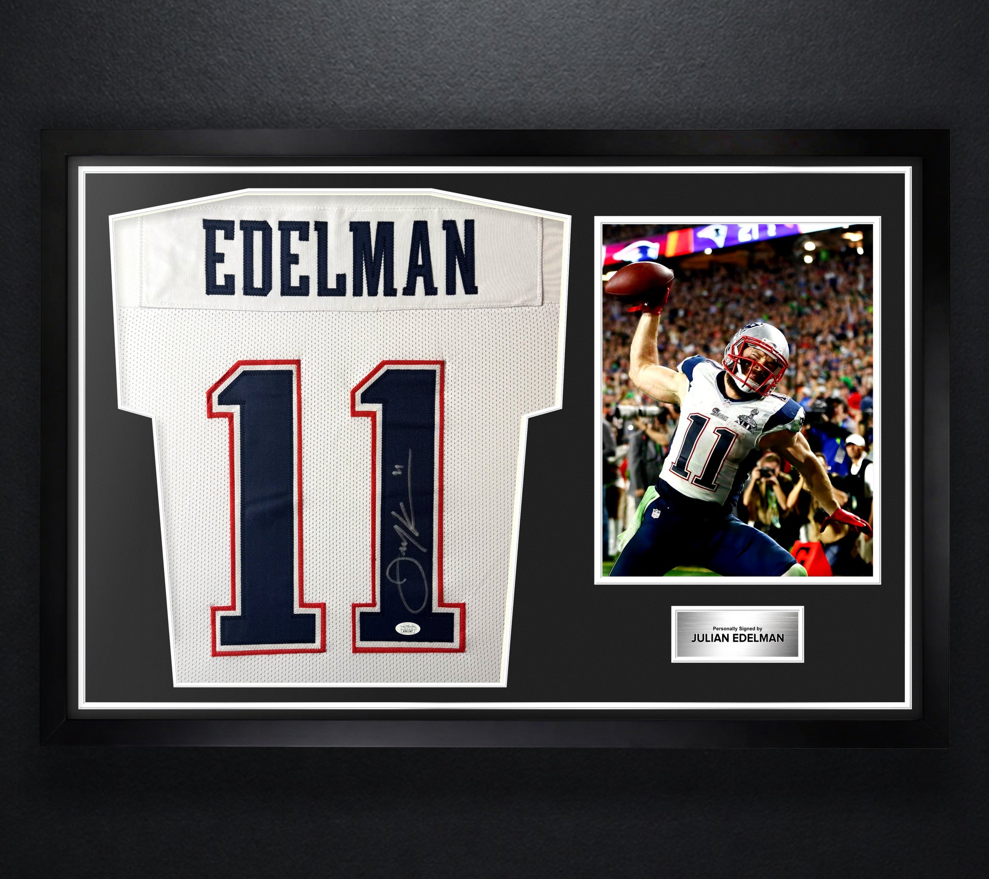 Julian Edelman Signed New England Patriots Jersey Framed JSA COA - Photo of frame