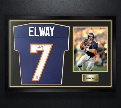 John Elway Signed Denver Broncos Jersey Framed Elway Holograms COA - Photo of frame