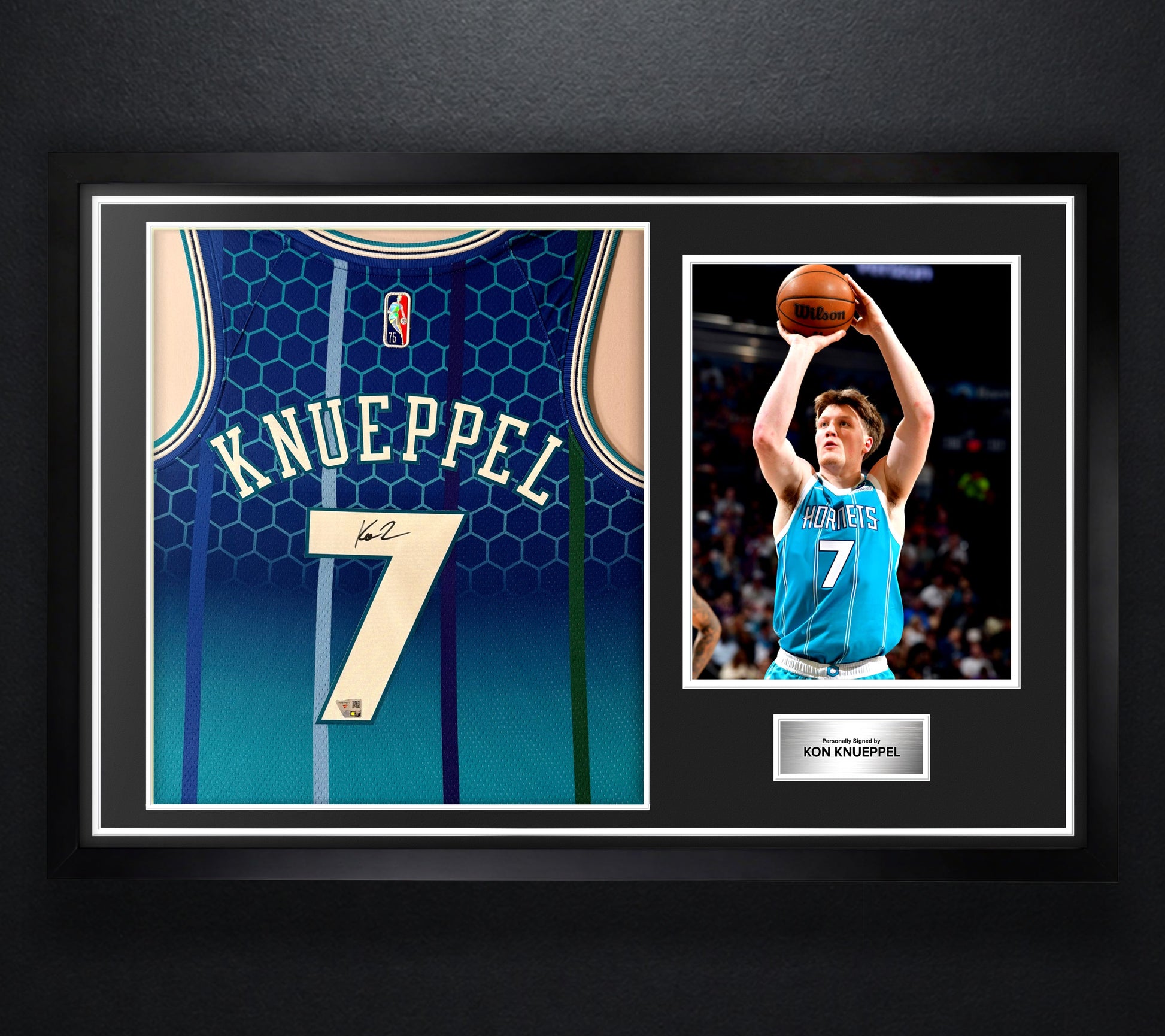 Kon Knueppel Signed Charlotte Hornets Nike Jersey Framed Fanatics COA - Photo of frame
