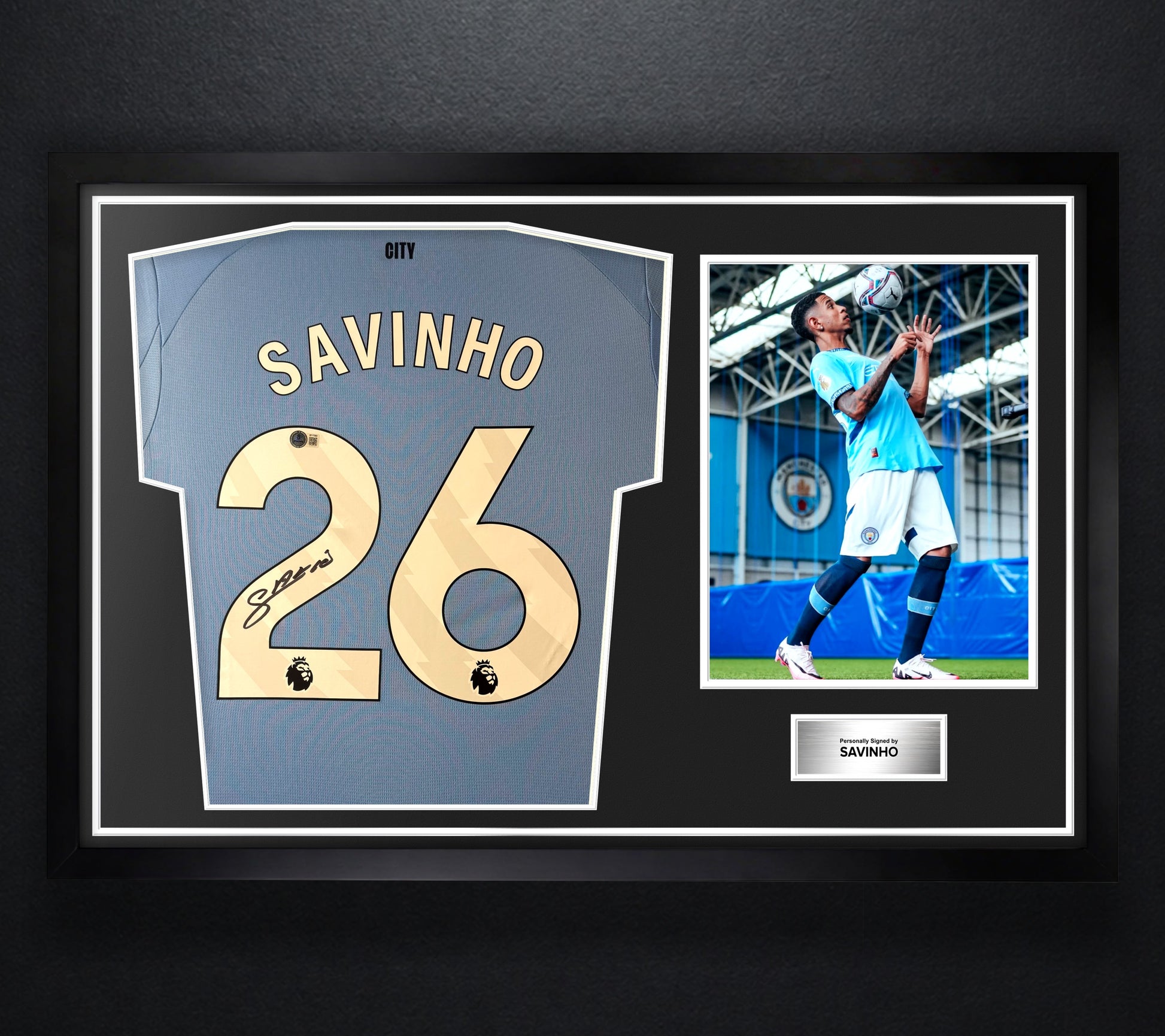 Savinho Signed Manchester City Puma Jersey Framed Beckett COA - Photo of frame