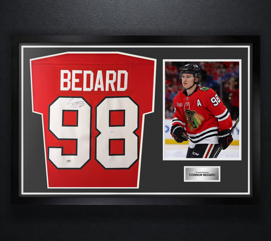 Connor Bedard Signed Chicago Blackhawks Fanatics Jersey Framed PSA COA - Photo of frame