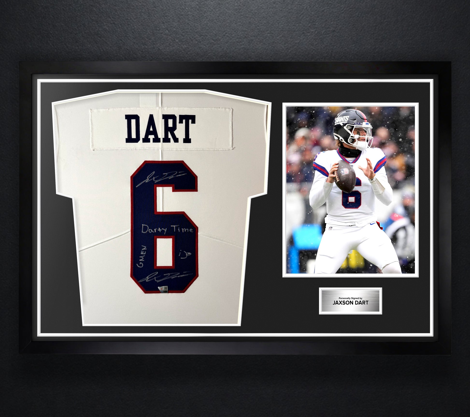 Jaxson Dart Signed New York Giants Nike Jersey Framed Fanatics COA INSCRIBED + SIGNED TWICE - Photo of frame