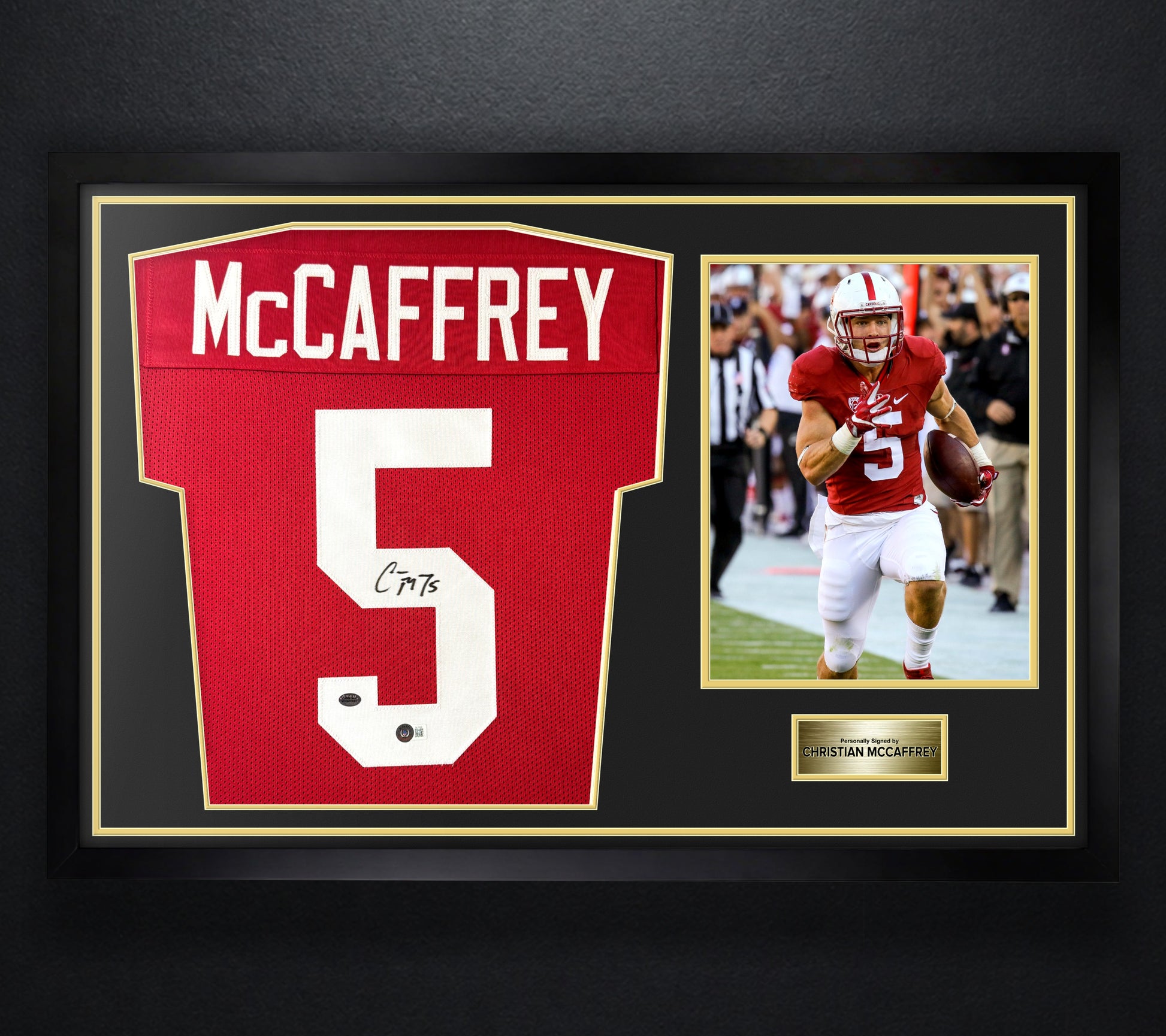 Christian McCaffrey Signed Stanford Cardinals Jersey Framed Beckett & McCaffrey Holograms COA - Photo of frame