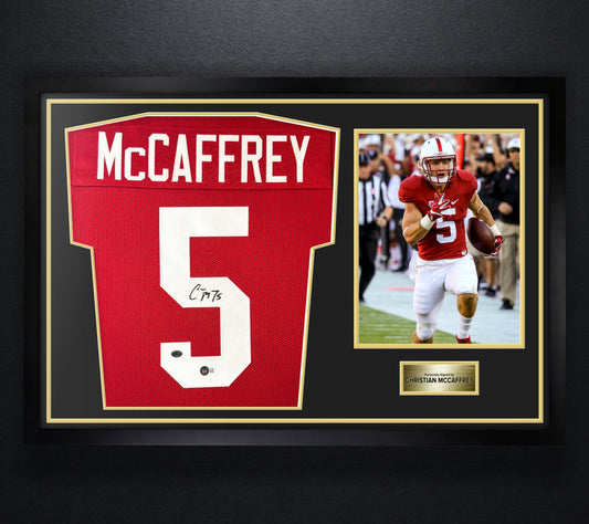 Christian McCaffrey Signed Stanford Cardinals Jersey Framed Beckett & McCaffrey Holograms COA - Photo of frame