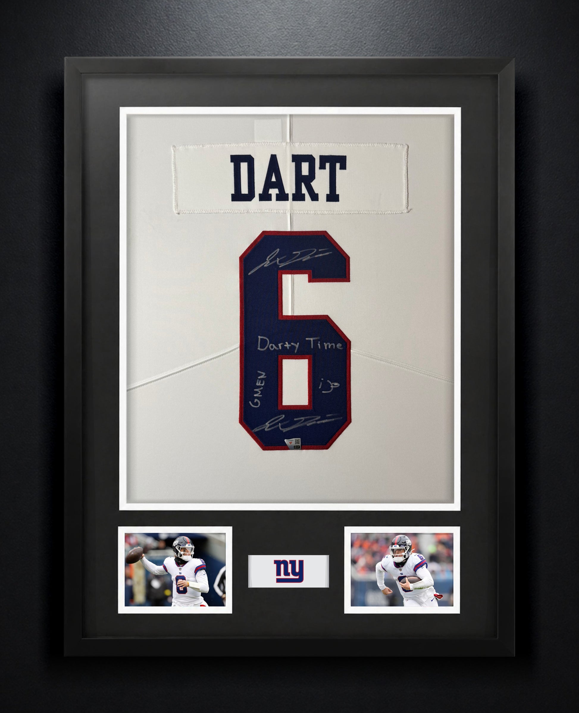 Jaxson Dart Signed New York Giants Nike Jersey Framed Fanatics COA INSCRIBED + SIGNED TWICE - Photo of frame