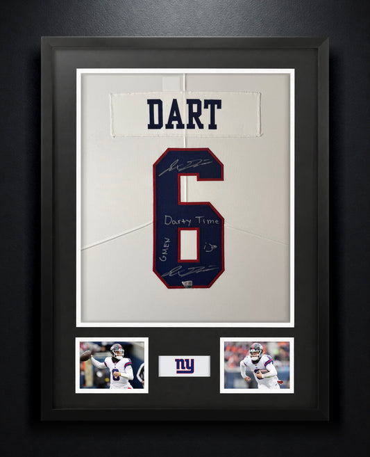 Jaxson Dart Signed New York Giants Nike Jersey Framed Fanatics COA INSCRIBED + SIGNED TWICE - Photo of frame