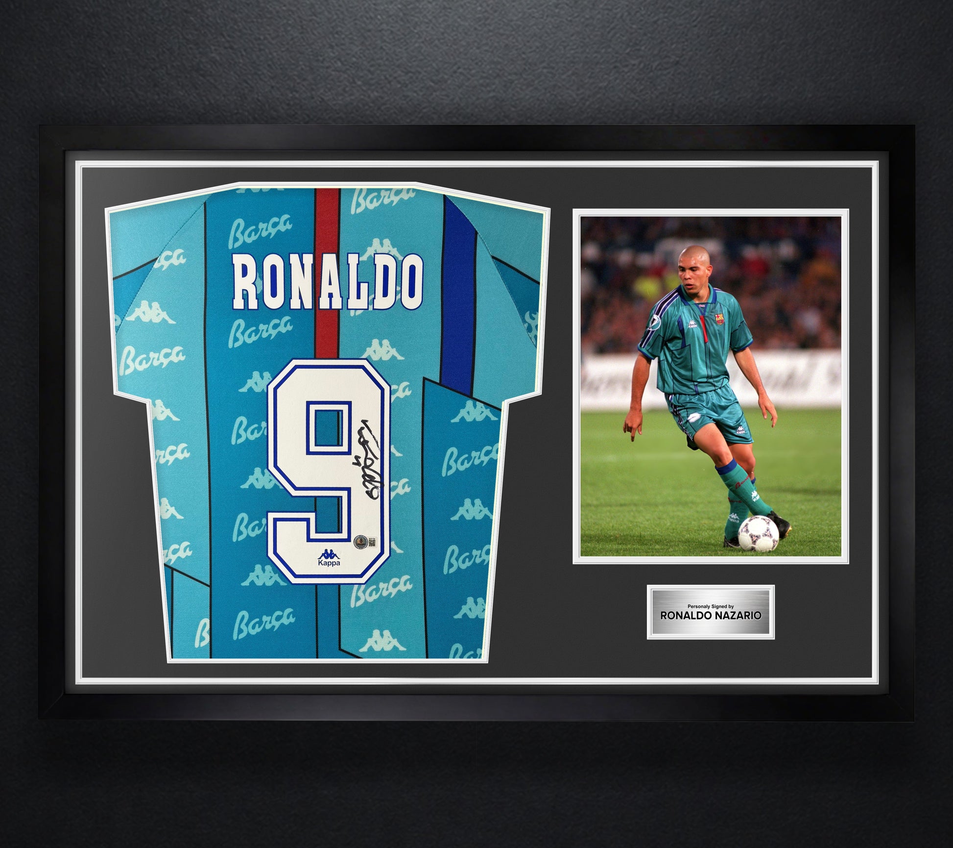Ronaldo Nazario Signed FC Barcelona Kappa Jersey Framed Beckett COA - Photo of frame