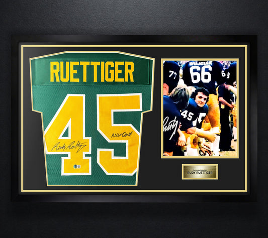 Rudy Ruettiger Signed Notre Dame Fighting Irish Jersey Framed Beckett COA INSCRIBED - Photo of frame