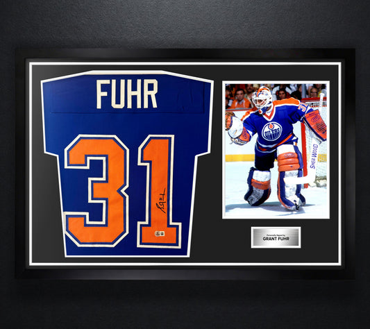 Grant Fuhr Signed Edmonton Oilers Jersey Framed Beckett COA - Photo of frame