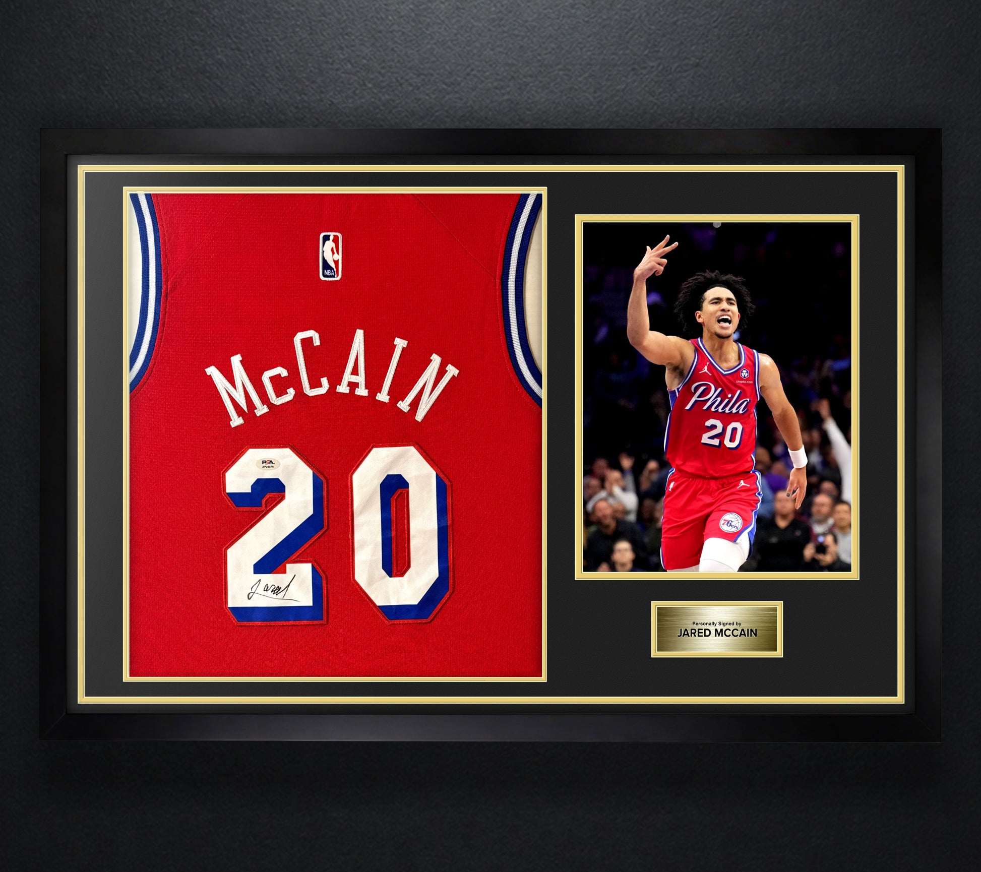 Jared McCain Signed Philadelphia 76ers Jersey Framed PSA COA - Photo of frame