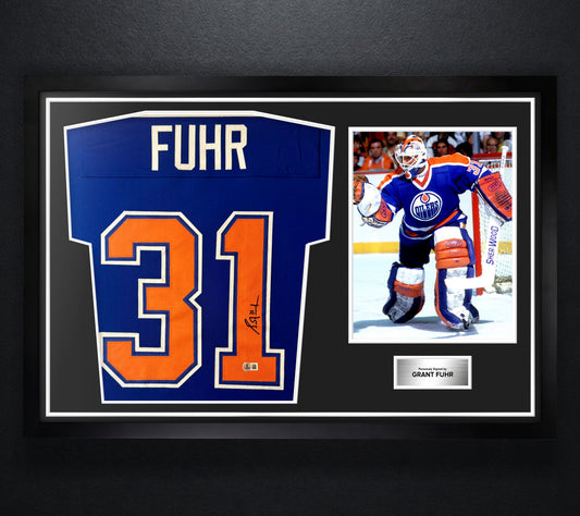 Grant Fuhr Signed Edmonton Oilers Jersey Framed Beckett COA - Photo of frame
